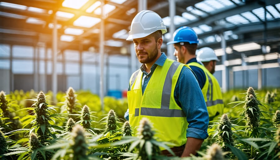 Workers assembling a cannabis facility with environmentally friendly building materials