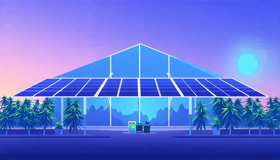 Conceptual depiction of a sustainable cannabis cultivation facility utilizing solar energy