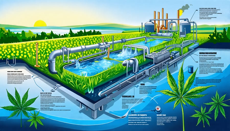 Abstract diagram illustrating the steps of a sustainable waste water treatment system